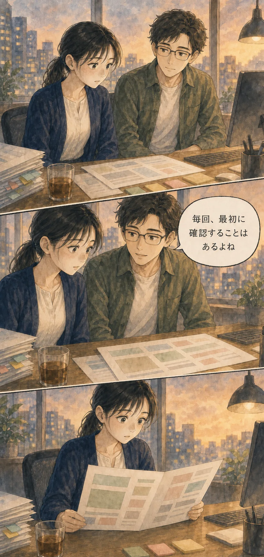 同僚が、毎回最初に確認することはあるよねと紙へ視線を向け、主人公も確かめる