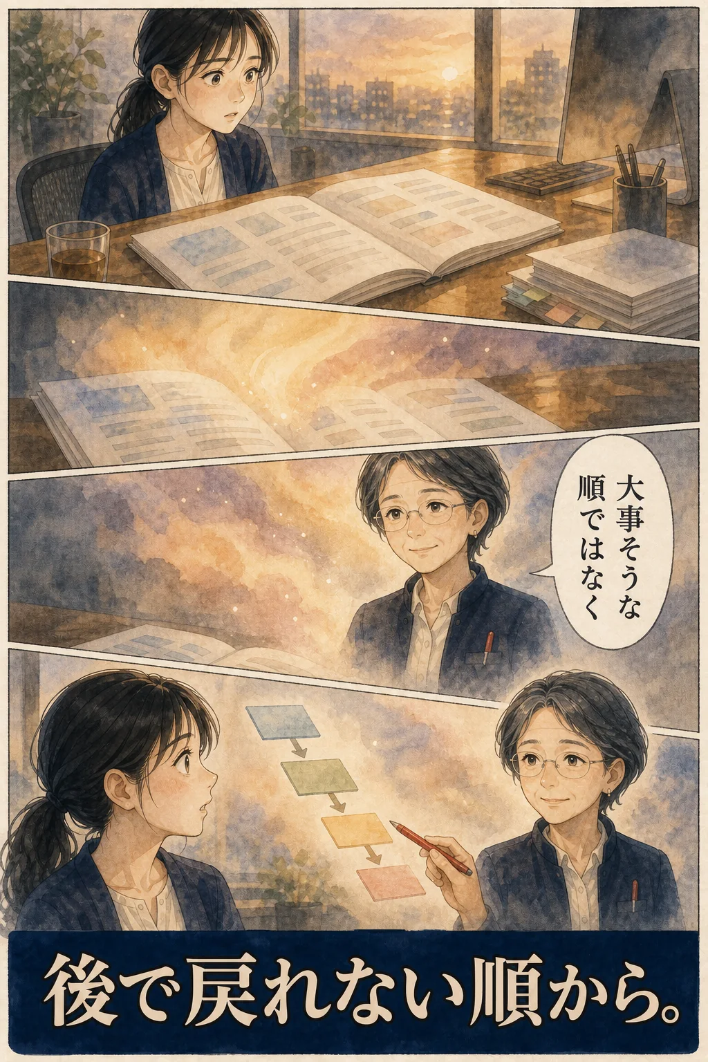 紙面から想像上の案内役が現れ、大事そうな順ではなく、後で戻れない順からと示す