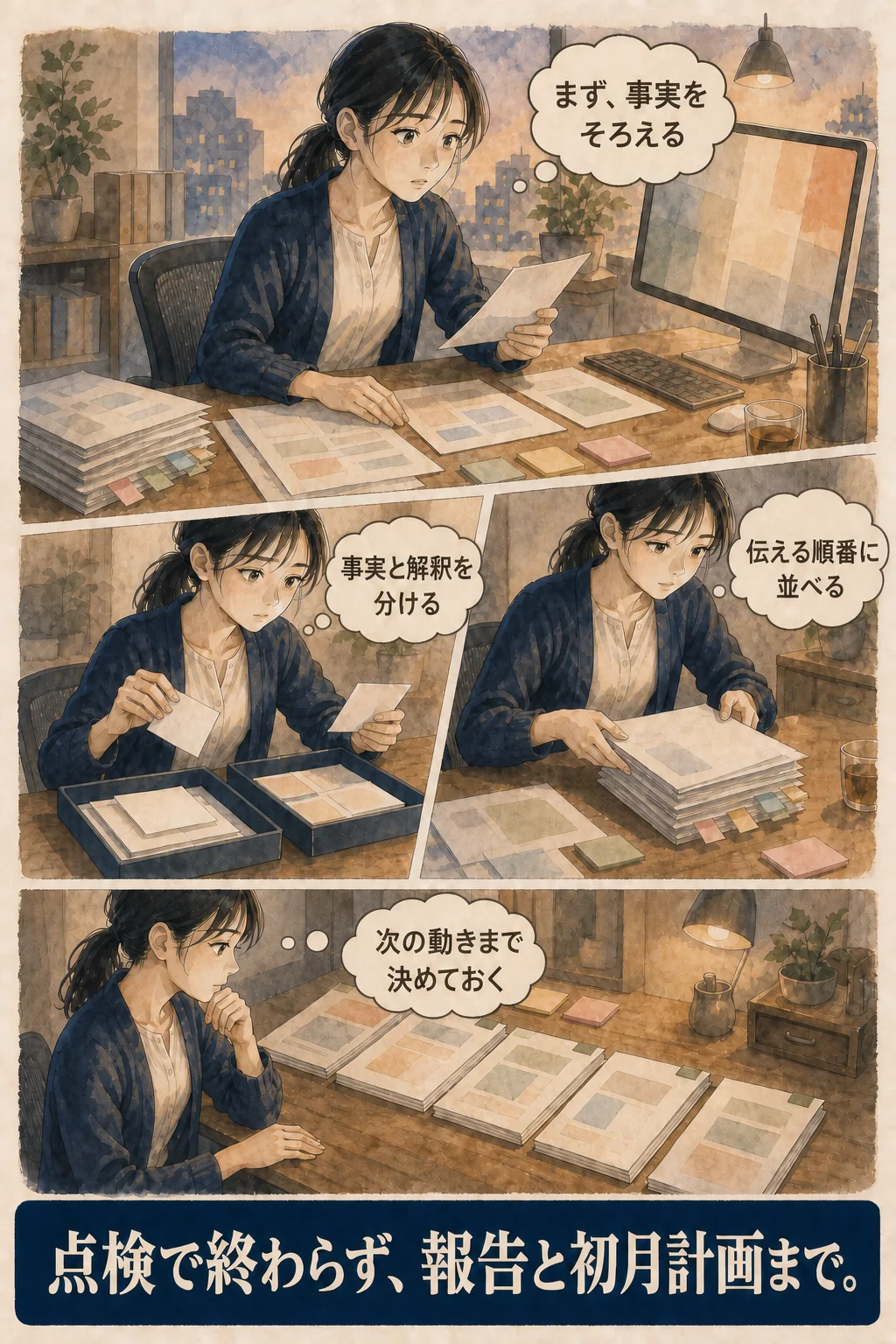 まず、事実をそろえる。事実と解釈を分ける。伝える順番に並べる。次の動きまで決めておく。点検で終わらず、報告と初月計画まで。
