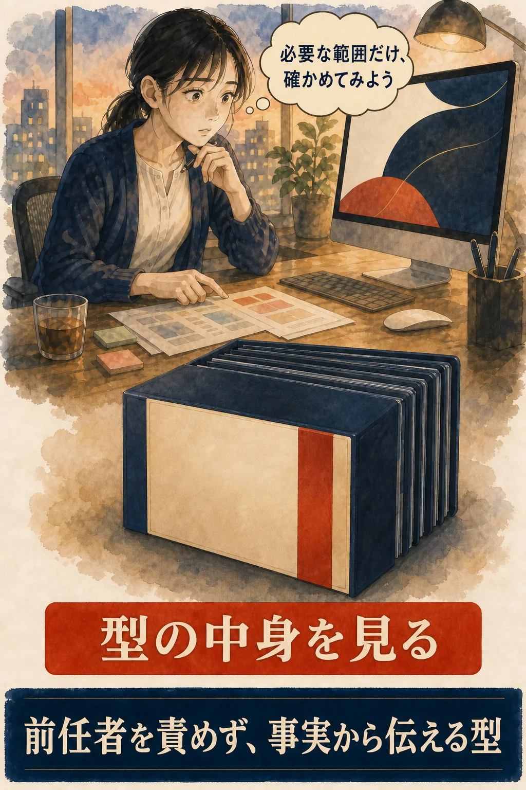 必要な範囲だけ、確かめてみよう。前任者を責めず、事実から伝える型。型の中身を見る。